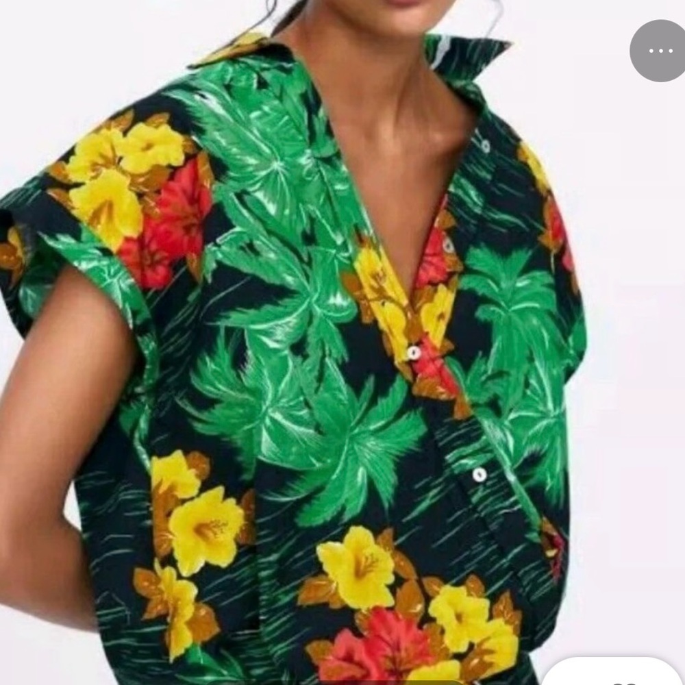 ZARA Women Hawaiian‎ Shirt Twist Knot Front Floral Cropped Collar Button Up Sz S